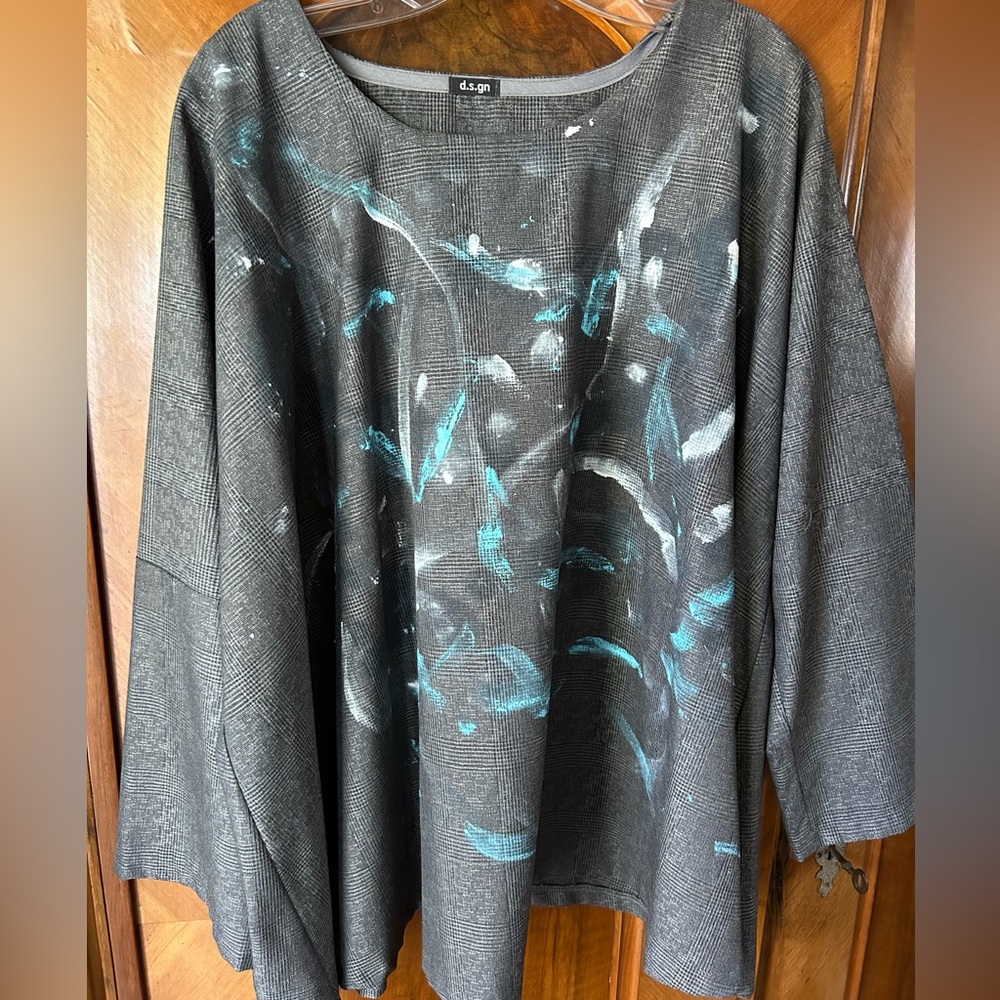 Painters top Provence linen wide tops grey/blk plaid XL grey,  Artist Ilona